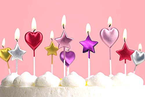Kacat 10 Cute Heart Shaped and Star Birthday Candles Multi-Color Cake Candle Toppers for Party Wedding Cake Decoration Supplies (Heart Style+Star Style) (Heart +Star 10) Heart +Star 10 - PawsPlanet Australia