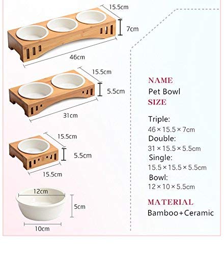 Premium Elevated Pet Bowls, Raised Dog Cat Feeder Solid Bamboo Stand with Ceramic Food Feeding Bowl, for Cats and Puppy (Double Bowl) Double Bowl - PawsPlanet Australia