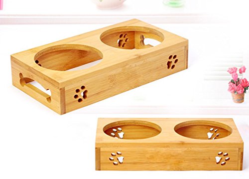 Da Jia Inc Solid Bamboo Elevated Pet Dinner Feeder for Small Dogs and Cats Raised Stand with Two Ceramic Bowls 2 Bowls Heart Pattern - PawsPlanet Australia