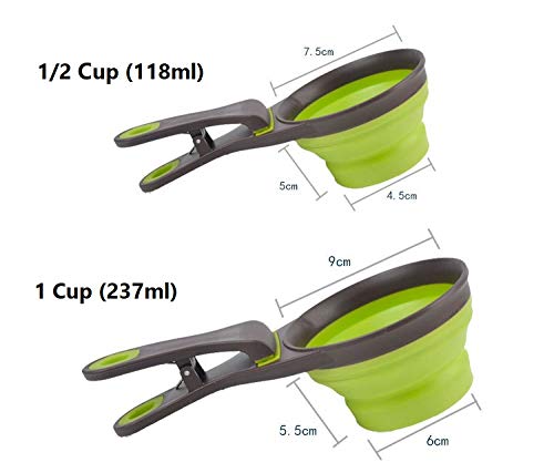 [Australia] - CatYou Pet Food Scoops Measuring Cup for Dog Cat Food Water, Set of 2 (1 Cup & 1/2 Cup Capacity), 3 in 1 Multi-Function Pet Collapsible Silicon Scoop Bowls Bag Clip 