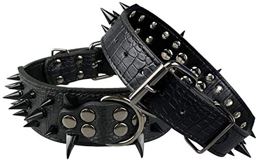 Dog Collar with Sharp Spikes Luxuriously Padded Leather Neck Guards for Medium Dogs 5cm Wide Anti Biting Necklace (M, SW-SW) M: 48 cm - 56 cm Black-Black - PawsPlanet Australia