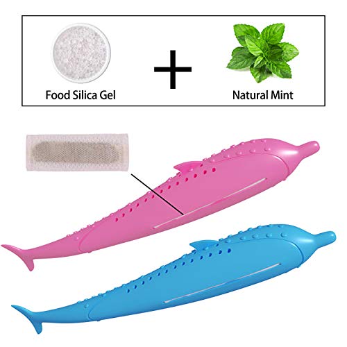 [Australia] - Bihuo Cat Toothbrush Toy, Interactive Refillable Catnip Toys for Cats Teeth Cleaning Brush Dolphin Fish Shape Chew Toy Dental Care Teaser Toy Molar Tools for Kitty (Color Blue, Pink) 