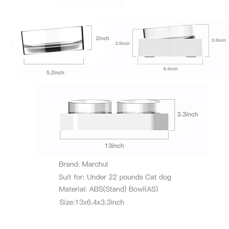 Marchul Raised Cat Bowl, Raised Edge Prevents Food Spilling, Transparent Double Cat Food Bowl, with Anti-Slip Stand and Tilted Design, Food Dishes for Cat Small Dog Double Bowl White - PawsPlanet Australia