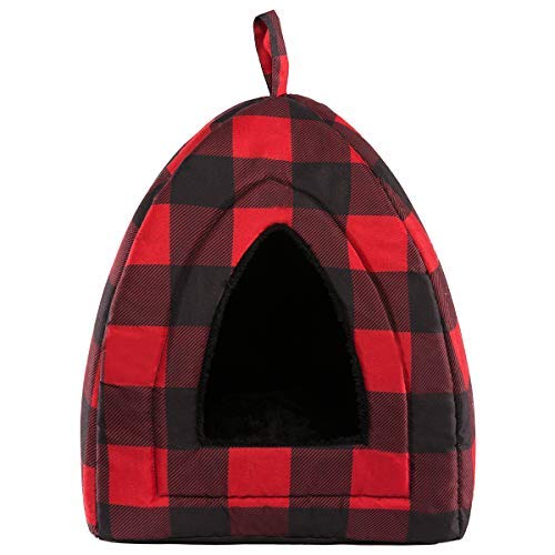 [Australia] - Hollypet Self-Warming 2 in 1 Foldable Comfortable Triangle Cat Bed Tent House, Red Checked 