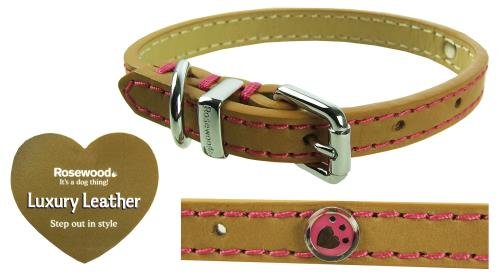 Rosewood Luxury Leather Dog Collar, Tan, Samml 10 - 14 inch 10 - 14-inch - PawsPlanet Australia