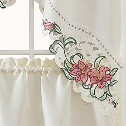Lily Fragrance. 3pcs Multi-Color Embroidery Kitchen Cafe Curtain Set Swag and Tiers Set with cutworks. (Burgundy) Burgundy - PawsPlanet Australia