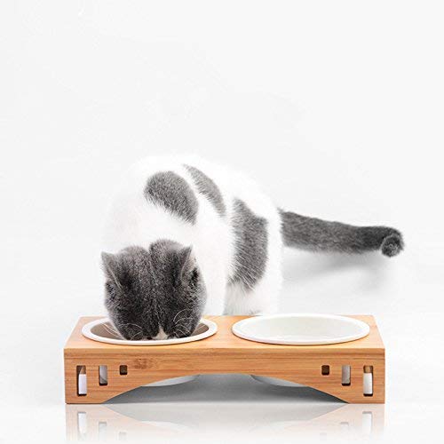 Premium Elevated Pet Bowls, Raised Dog Cat Feeder Solid Bamboo Stand with Ceramic Food Feeding Bowl, for Cats and Puppy (Double Bowl) Double Bowl - PawsPlanet Australia