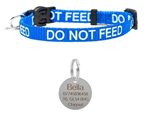 LARRYROO Cat Collar DO NOT FEED In Red, Pink Or Blue, Safety Release & Optional Engraved ID Tag (Blue, 25mm Plain Silver Tag) - PawsPlanet Australia