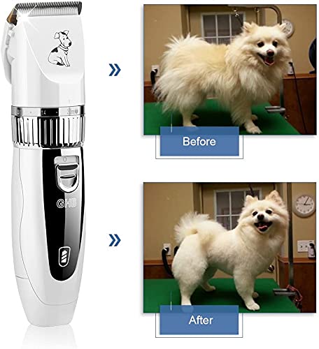 GHB Electric Dog Hair Clipper Cordless Pet Grooming Kit Low Noise with Steel Comb Scissor 2 Rechargeable Batteries 6 Guide Combs White - PawsPlanet Australia