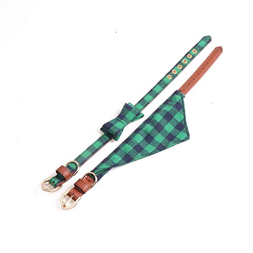 [Australia] - Fourhorse Small Dog and Cat Collars with Cute Flowers Bandana, Adjustable Buckle Soft and Comfortable XS green grid 