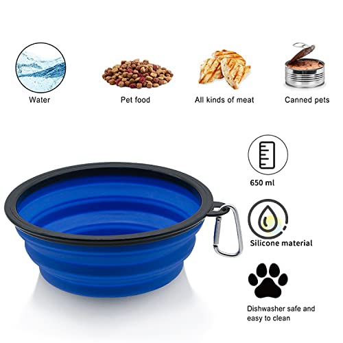 Sunlotus 2 Pack 650ml Collapsible Dog Bowl Portable Feeder for Dog Pet Food Water Bowl for Dog and Cat Extendable Pet Feeding Silicone Bowl with Hook (Blue+Black) 650 Millilitres Blue+Black - PawsPlanet Australia