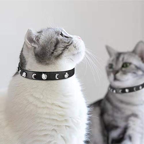 Joansan Adjustable Cat Collars Bell and Rhinestone, Basic Classic Black Leather, Safety Pet Cats Collar with Elastic, Length 7-10 Inch Fit for Cats, Kitten and Puppy - PawsPlanet Australia