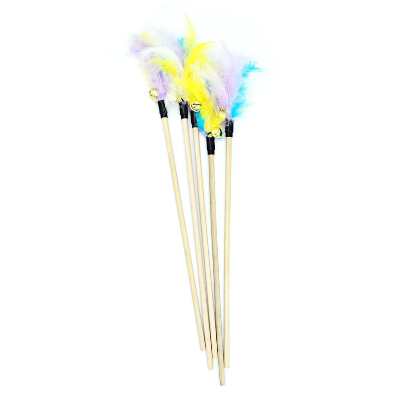 Cat Feather Toys, 5 PCS Wood Cat Wand Toys Interactive Cat Teaser Wand with Loud Bell - 18'' Long Feather Wand for Cat and Kitten - PawsPlanet Australia