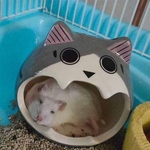 [Australia] - JUILE YUAN Hamster Hideout Ceramic Adorable Cartoon Shape Hamster House Chinchilla Mini Hut Small Animal Hideout Cave Cage Accessories for Small Animals Like Dwarf and Hedgehog Grey cat 