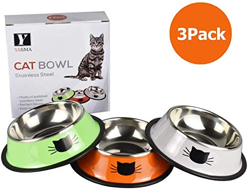Yasma 3Pcs Cat Bowls Stainless Steel Pet Cat Bowl Kitten Rabbit Cat Dish Bowl with Cute Cats Painted cat Food Dish Easy to Clean Durable Cat Dish for Food and Water (3 Pack - Grey - Green - Orange) 3 Pack - Grey - Green - Orange - PawsPlanet Australia