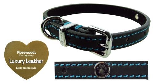 Rosewood Luxury Leather Dog Collar, 10-14-inch, Black 10 - 14-inch - PawsPlanet Australia