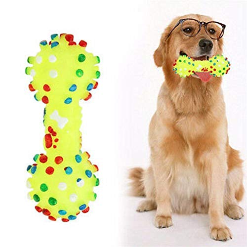Bark and Purr Polka Dot Squeaky Toy, Dumbbell Chew Toy, For Pet, Dog, Cat or Puppy Pack of 3 assorted colours Material Faux Pet Toy Rubber, Size 11.5cm L/ 4.S cm W - PawsPlanet Australia