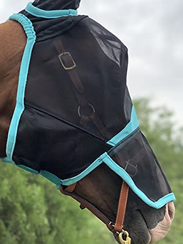 TGW RIDING Horse Mask Full Face Mesh Fly Mask Fine Mesh with Ears and Long Nose (Warmblood, Black/Turquoise) - PawsPlanet Australia