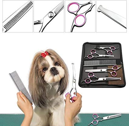 Zwini Pet Grooming Scissors Set 5 in 1 Stainless Steel Pet Trimmer Kit Pet Grooming Scissors Set Hair Care for Dog Cat With 7.5-inch Cutting Scissors Thinning Shear Curved Scissors Grooming Comb - PawsPlanet Australia