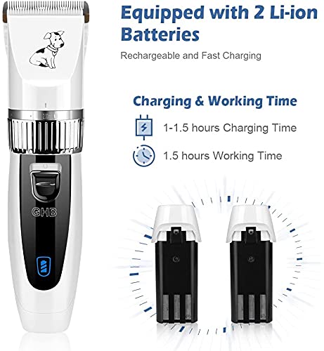 GHB Electric Dog Hair Clipper Cordless Pet Grooming Kit Low Noise with Steel Comb Scissor 2 Rechargeable Batteries 6 Guide Combs White - PawsPlanet Australia