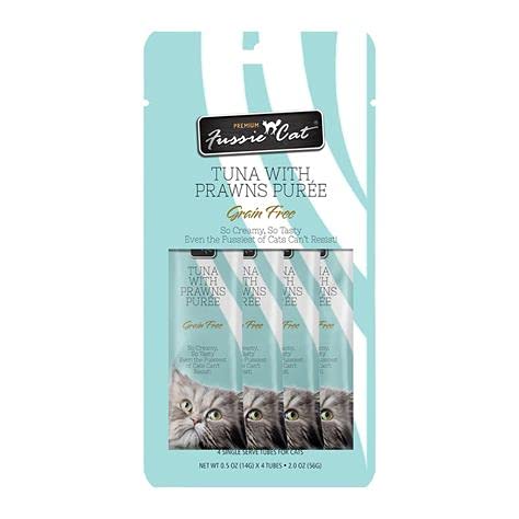 Fussie Cat Puree Grain Free Treat in 3 Flavors: (1) Tuna with Prawns, (1) Chicken with Duck and (1) Chicken (3 Four-Tube Packs, 12 Tubes Total, .5 Ounce per Tube) Plus Silicone Lid - PawsPlanet Australia