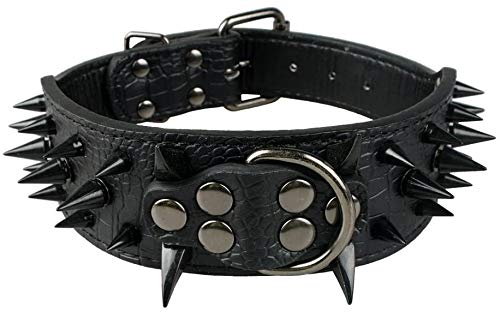 Dog Collar with Sharp Spikes Luxuriously Padded Leather Neck Guards for Medium Dogs 5cm Wide Anti Biting Necklace (M, SW-SW) M: 48 cm - 56 cm Black-Black - PawsPlanet Australia