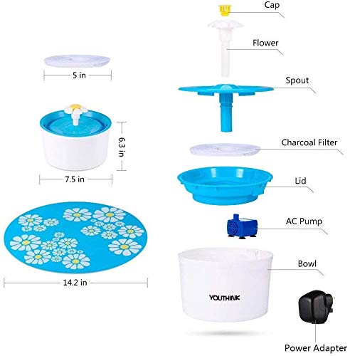 [Australia] - YOUTHINK Cat Fountain, 1.6L Automatic Super Quiet Pet Water Fountain with 3 Filter, 2 Flower and 1 Silicone Mat, Support 3 Waterfall Setting, Keep Pet Healthy, Pet Drinking Fountain for Dog and Cat 