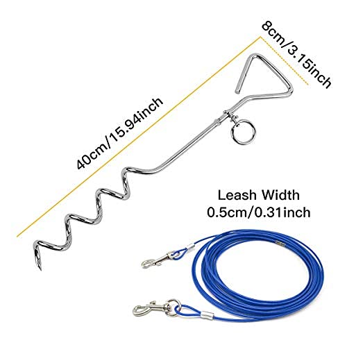 CLKHOWL Dog Stake Tie Out Cable - 16/30" Anti Rust Reflective Stake for Medium Large Dogs Up to 125 lbs, Dog Cable Runner and Metal Hooks for Yard, Camping, or Outdoors 16FT Blue - PawsPlanet Australia