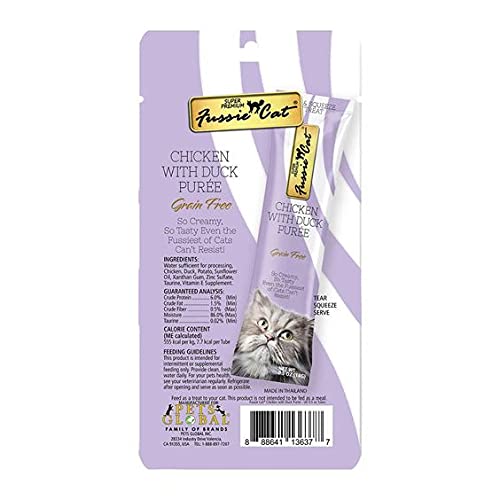 Fussie Cat Puree Grain Free Treat in 3 Flavors: (1) Tuna with Prawns, (1) Chicken with Duck and (1) Chicken (3 Four-Tube Packs, 12 Tubes Total, .5 Ounce per Tube) Plus Silicone Lid - PawsPlanet Australia