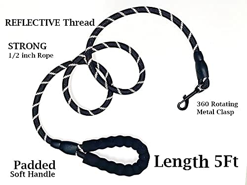 Ecomiproducts 5FT Strong Dog Leash with Comfortable Padded Handle and Highly Reflective Threads Dog Leashes for Small Medium and Large Dogs (Black) Black - PawsPlanet Australia