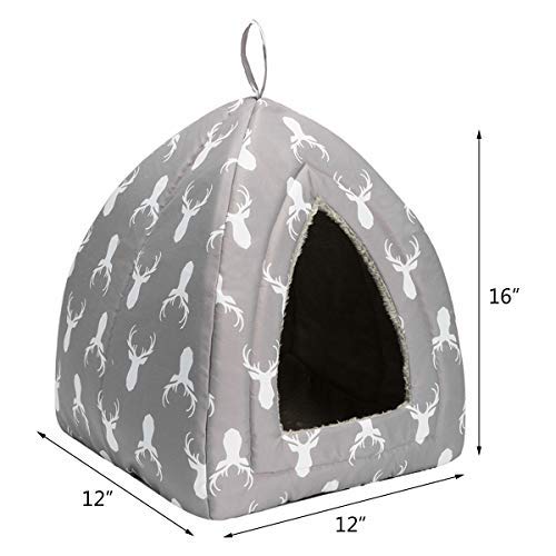[Australia] - Hollypet Self-Warming 2 in 1 Foldable Comfortable Triangle Cat Bed Tent House, Gray Antlers 