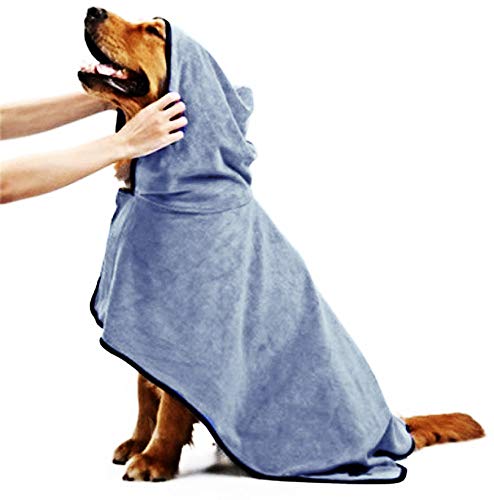 AlleyDesign Dog Towel Robe Coat: Absorbent Quick Drying Large Dog Bathrobe with Hoody & Belt|Microfiber Soft Pet Dressing Gown Bathrobe with Adjustable Collar and Waist(L,Blue) - PawsPlanet Australia