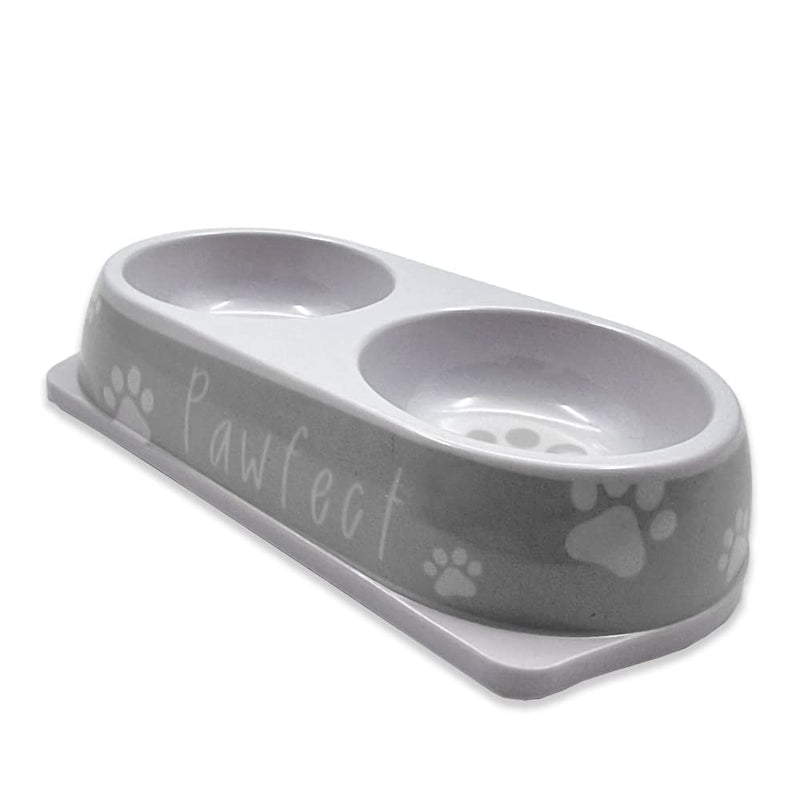 Pet Double Diner – High Rim to Prevent Spillages – Paw Print – Can be used for Food and Water (Grey) Grey - PawsPlanet Australia