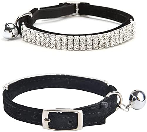 HUKCHI Soft Velvet Safe Cat Adjustable Collar Bling Diamante With Bells,11 inch for small dogs and cats (Black) Black - PawsPlanet Australia