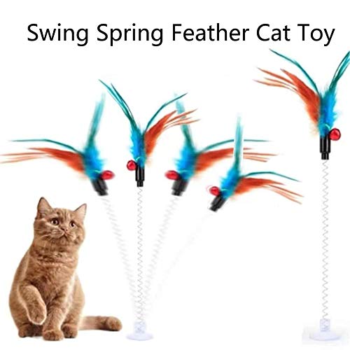 Autoau Cat Toys with Sucker Feather Stick Bell Spring Rod Swinging Cat Toy Funny Cat Rod Bite-resistant Training Cat Kitten Pet Kitty Supplies(6 PCS) - PawsPlanet Australia