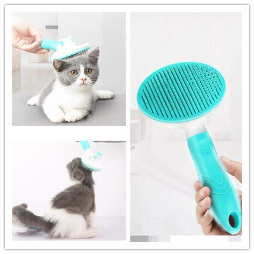 [Australia] - Best Self Cleaning Button Pet Comb Brush Shedding Slicker Non-Slip Handle for Cat Dog Grooming Gently Removes Tangled Matted Fur Protective Round Tip Stainless Steel Pin Blue 