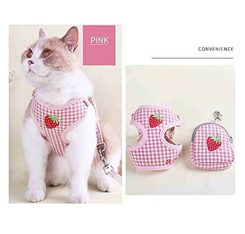 CheeseandU Pet Dog Cat Harness and Leash Set with Bags Soft Mesh Cute Daisy Strawberry Pattern Embroidery Anti-Escape Dog Cat Walking Vest Harness for Puppy Small Dogs Cats Rabbits Small (Chest 10"-20") Pink Strawberry - PawsPlanet Australia