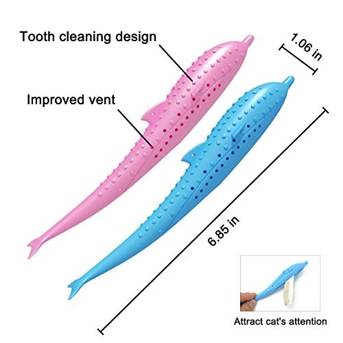 [Australia] - Bihuo Cat Toothbrush Toy, Interactive Refillable Catnip Toys for Cats Teeth Cleaning Brush Dolphin Fish Shape Chew Toy Dental Care Teaser Toy Molar Tools for Kitty (Color Blue, Pink) 