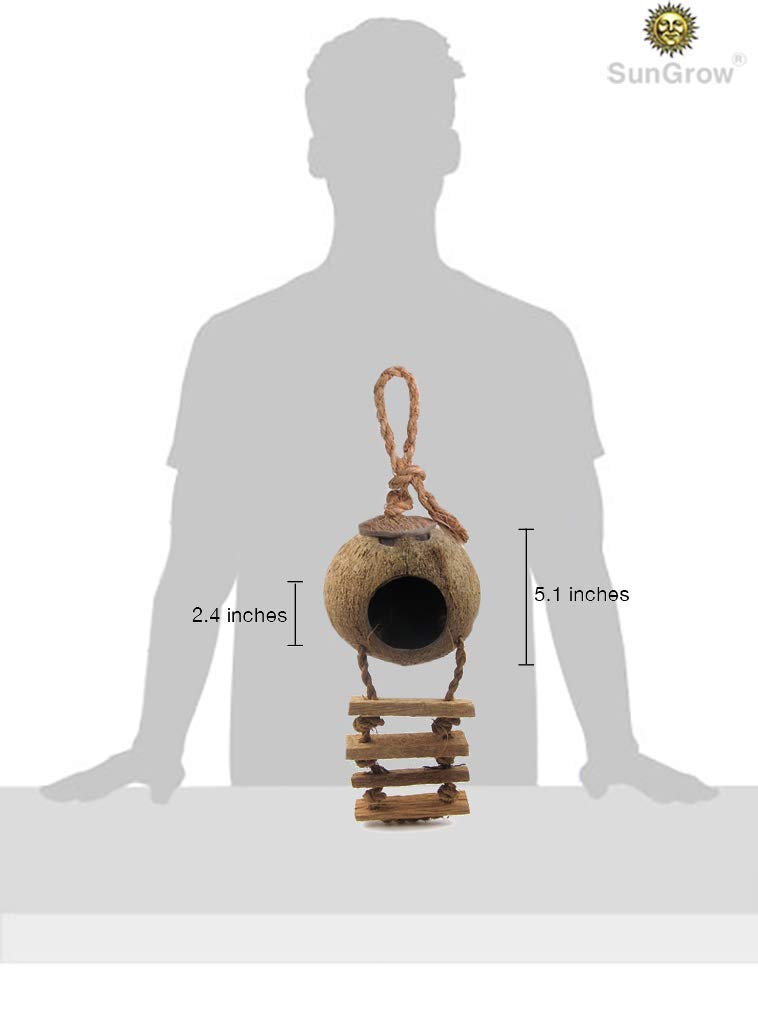 [Australia] - SunGrow Hamster House with Ladder, 5.1-inches (Shell Diameter) 2.4-inches (Opening Diameter), Nesting Home and Feeder, Raw Coconut Husk, Durable Habitat with Hanging Loop 