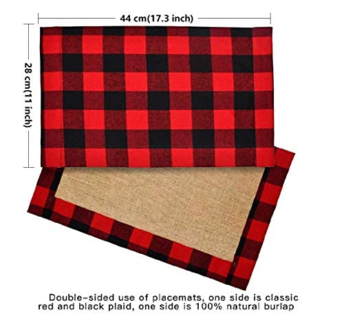 Aejakko Cotton and Burlap Check Placemats for Christmas Table Décor, Red and Black Plaid placemats, Waterproof Table mats for Christmas Decorations(6pcs) - PawsPlanet Australia