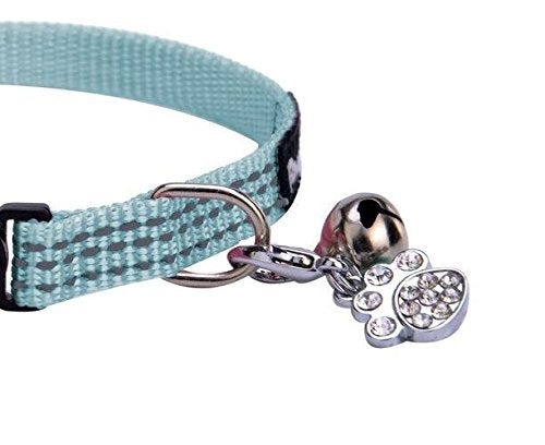 [Australia] - BINGPET Safety Nylon Reflective Cat Collar Breakaway Adjustable Cats Collars with Bell and Bling Paw Charm Light Blue 