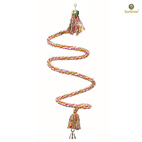 [Australia] - SunGrow Rope Perch for Parrots, 1.5 Meter Long, Bungee Bird Toy, Brightly Colored Handmade Chew Toy, Spiral Design with Jingling Bell, Ideal for Relaxing, Improves Balance, Coordination and Agility 