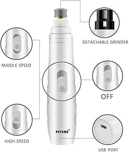 Peteme Pet Nail Grinder,2-Speed Dog Electric Paw Trimmer Clipper Small Medium Dogs Cats Portable & Rechargeable Gentle Painless Paws Grooming Trimming Shaping Smoothing White 6 inch - PawsPlanet Australia