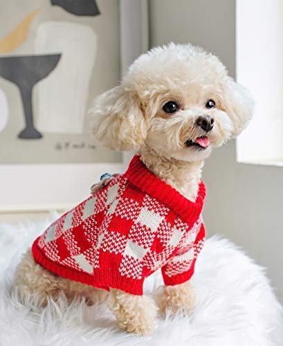 Red White Sweaters for Small Dogs Cats Adorable Pet Clothes, Red Plaid Medium 12" Back Length - PawsPlanet Australia