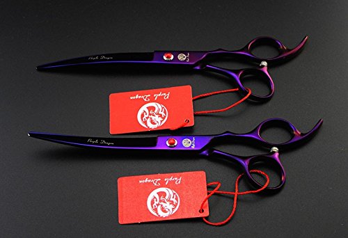 [Australia] - TPC 7.0 Inch Pet Grooming Scissors Set Professional Japan 440C Dog Shears Hair Cutting +2 Curved+ Thinning Scissors with Leather Bag Purple 