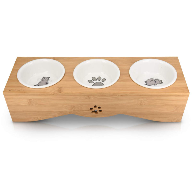 Navaris Raised Pet Bowls Stand - Elevated Triple Feeder for Cats and Small Dogs - Ceramic Cat and Dog Bowl Set with Printed Designs and Wooden Holder white / brown - PawsPlanet Australia