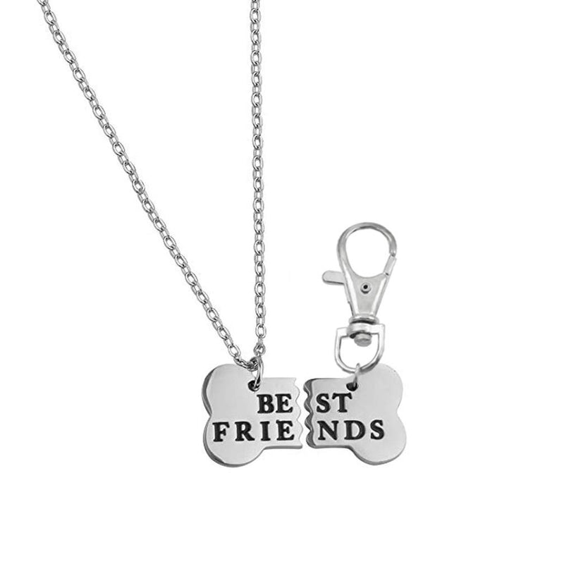 [Australia] - 4EAELove Best Friend Bone Necklace Matching Bone BFF Engraved Keychain Collar Dog Human Jewelry Set Pet Lover Gift Rose Gold Plated Stainless Steel D-Silver 