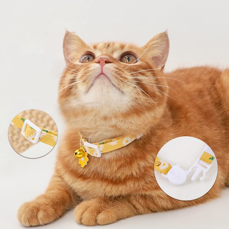 XIXKOLYU 2 Pack Cotton Breakaway Cat Collar with Bell, Yellow & Green Flowers Pendant Cute Cat Collar Kitten Collar, Ideal for Girl Cats Boy Cats Yellow + Green - PawsPlanet Australia