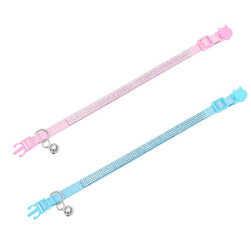 [Australia] - OFPUPPY Breakaway Cat Collars with Bell 2 PCS - Adjustable Safe Pet Collar Velvet Kitty Collar with Bling Rhinestone Blue&Pink 