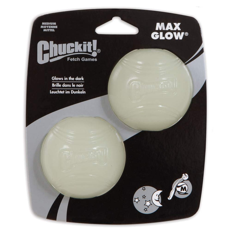 Chuckit! Max Glow Dog Ball High Visibility Glow In The Dark Bouncy Rubber Night Time Fetch Toy - Medium (6.5 cm) - 2 Pack Medium, 2 pack - PawsPlanet Australia